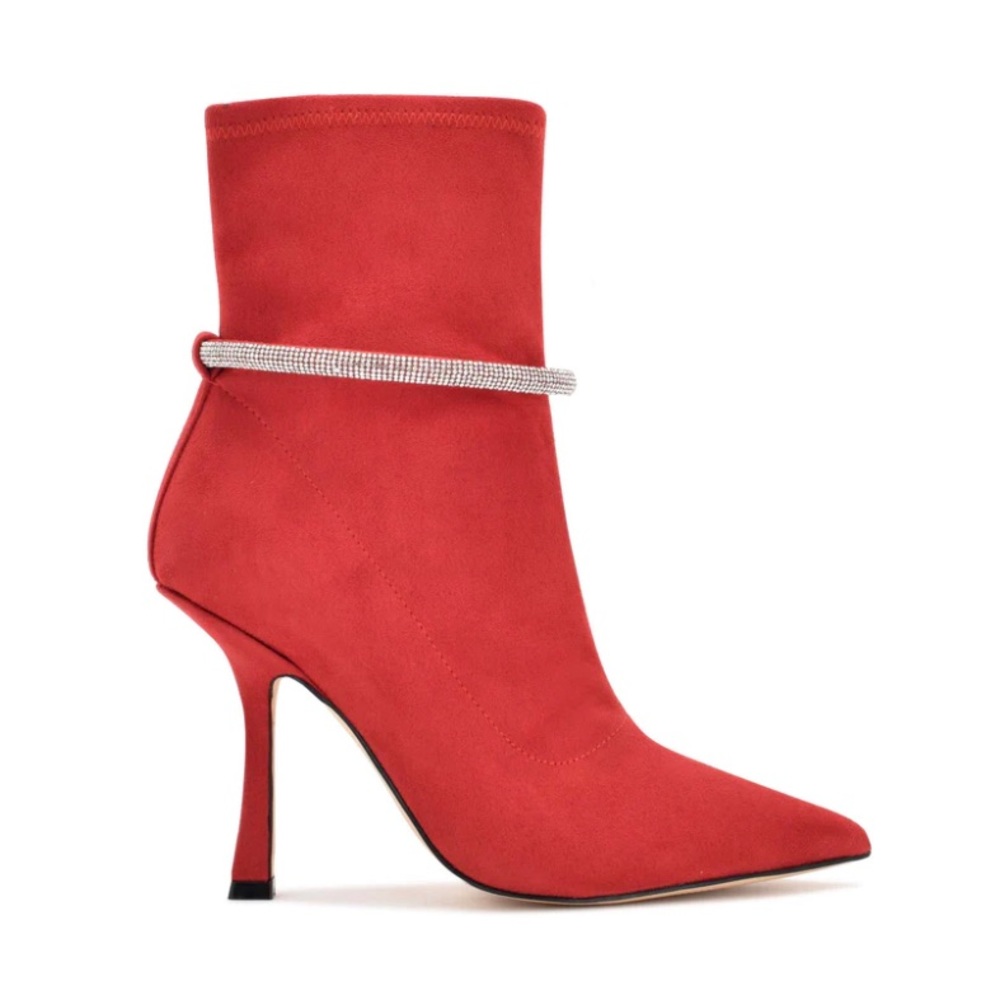 NWT Nine West Red Faux Suede Sock Bootie High Heel Crystal Ankle Wrap 9.5